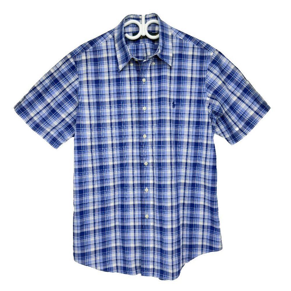 RALPH LAUREN Classic Plaid‎ Short Sleeves Blue & White Button Down Shirt Size L